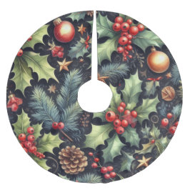 ウォーターカラーネイビー&ホリーホリデーモチーフ ブラッシュドポリエステルツリースカート