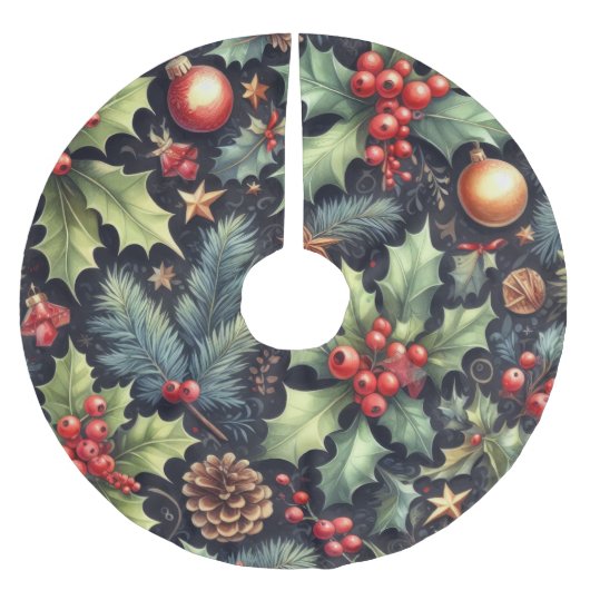 ウォーターカラーネイビー&ホリーホリデーモチーフ ブラッシュドポリエステルツリースカート (正面)