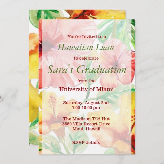 ウォーターカラーハイビスカスフラワーズハワイアンルアウ（ハワイ式宴会）スイート16 招待状 (正面/裏面)