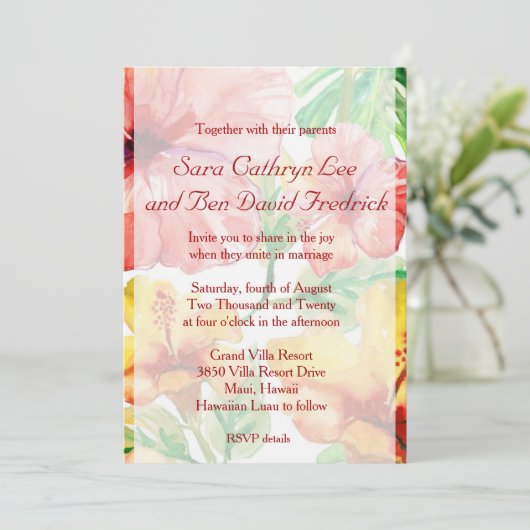 ウォーターカラーハイビスカスフラワーズ結婚式招待状 招待状 (スタンド正面)