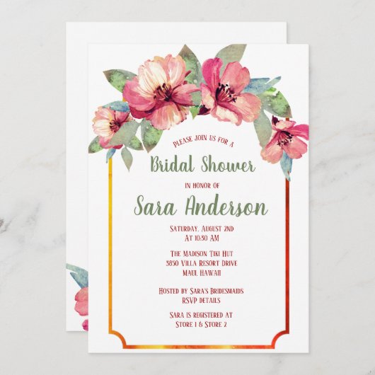 ウォーターカラーハイビスカスルアウ(ハワイ式宴会)パーティーブライダルシャワー 招待状 (正面/裏面)