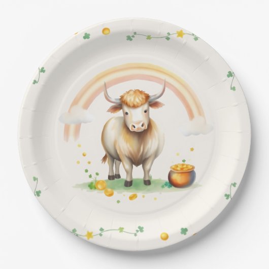 ウォーターカラーハイランドカウレインボーSt patricks day ペーパープレート (正面)