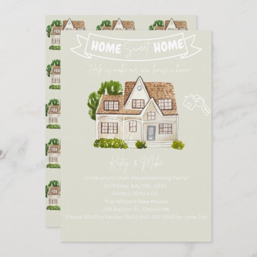 ウォーターカラーハウス引っ越し祝いパーティーパーティの招待状 招待状 (正面/裏面)