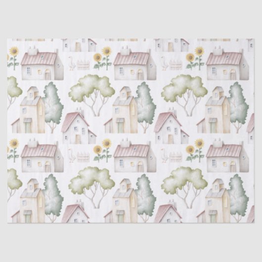 ウォーターカラーハウス、木々、ひまわりのデコパージュ 薄葉紙 (正面)