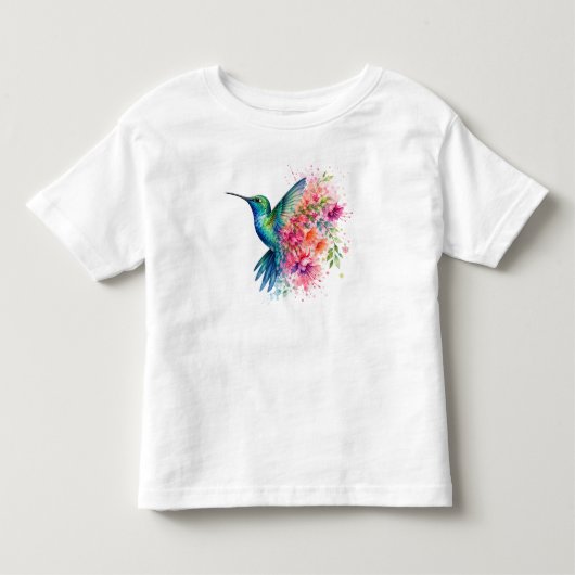 ウォーターカラーハチドリの鮮やかな花柄デザイン トドラーTシャツ (正面)