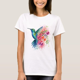 ウォーターカラーハチドリ鮮やかな花柄の鳥デザイン Tシャツ