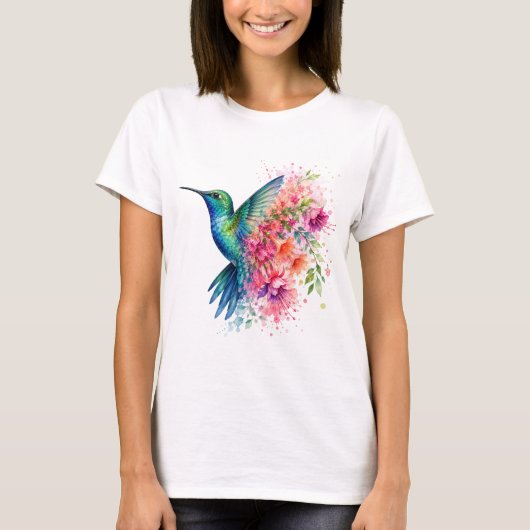 ウォーターカラーハチドリ鮮やかな花柄の鳥デザイン Tシャツ (正面)
