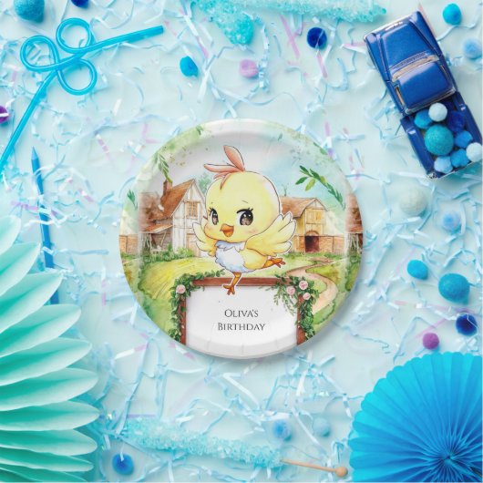 ウォーターカラーハッピーチキン誕生日 ペーパープレート (パーティー)