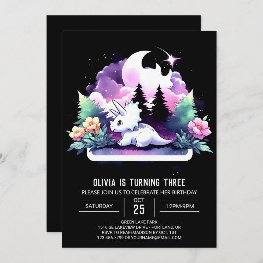 ウォーターカラーハッピートリケラトプス誕生日 招待状 (正面/裏面)