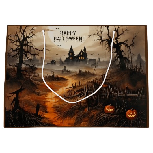 ウォーターカラーハッピーハローウィン幽霊のよく出るハウス ラージペーパーバッグ (正面)