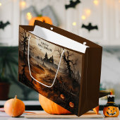 ウォーターカラーハッピーハローウィン幽霊のよく出るハウス ラージペーパーバッグ