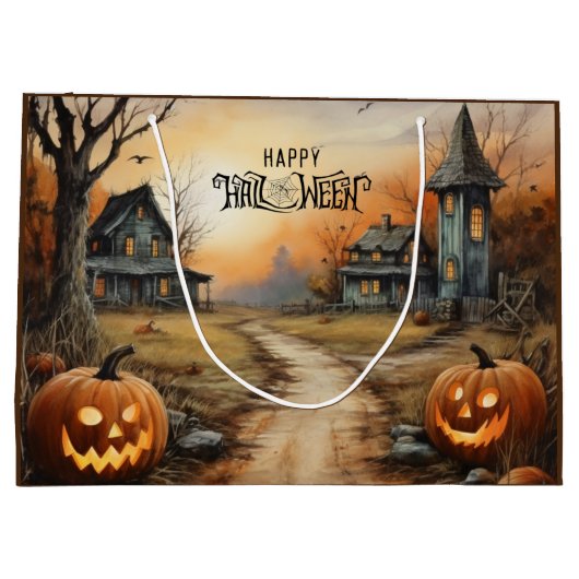 ウォーターカラーハッピーハローウィン幽霊のよく出るファームハウス ラージペーパーバッグ (裏面)