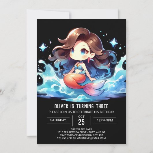 ウォーターカラーハッピーマーメイド誕生日 招待状 (正面)