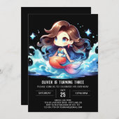 ウォーターカラーハッピーマーメイド誕生日 招待状 (正面/裏面)