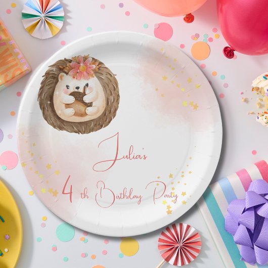 ウォーターカラーハリネズミの子供の誕生日 ペーパープレート