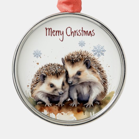 ウォーターカラーハリネズミ動物自然アート メタルオーナメント (正面)