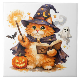 ウォーターカラーハロウィンの魔法使い猫と幽霊 タイル