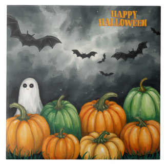 ウォーターカラーハロウィンカボチャと幽霊 タイル