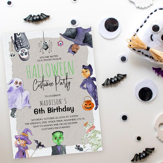 ウォーターカラーハロウィンコスチュームキッズ誕生日パーティー 招待状