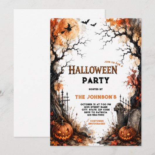ウォーターカラーハロウィンハロウィンパーティー 招待状 (正面/裏面)