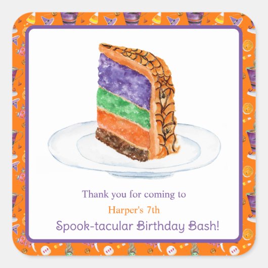 ウォーターカラーハロウィーンお誕生日ケーキありがとう スクエアシール (正面)