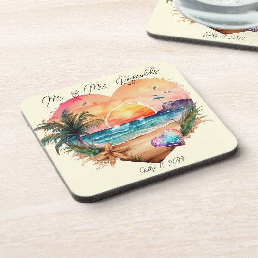ウォーターカラーハワイビーチサンセット結婚ハート コースター (左側)