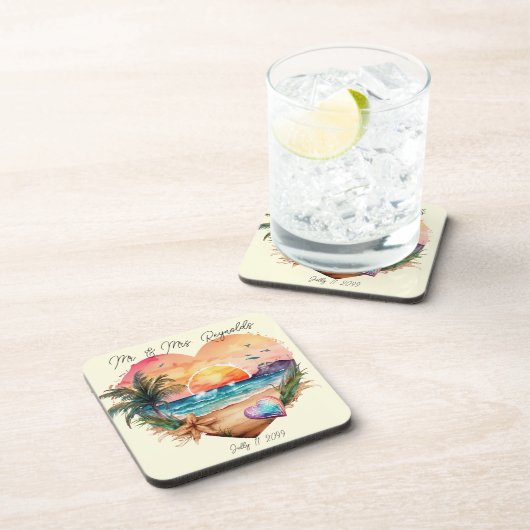 ウォーターカラーハワイビーチサンセット結婚ハート コースター (右側)