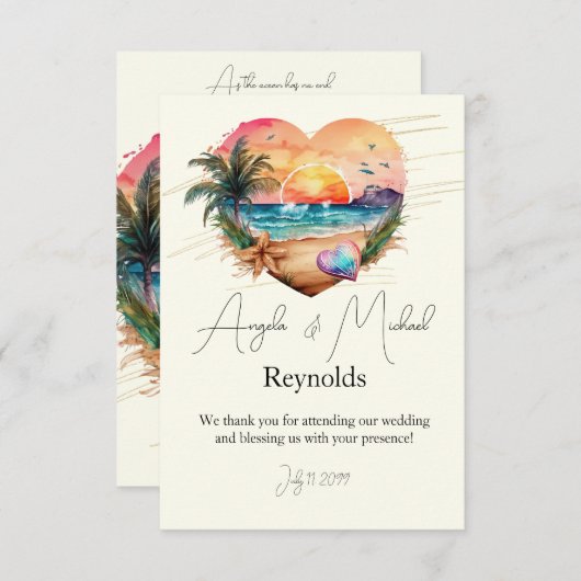 ウォーターカラーハワイビーチサンセット結婚ハート サンキューカード (正面/裏面)