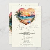 ウォーターカラーハワイビーチサンセット結婚ハート 招待状 (正面/裏面)