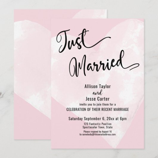 ウォーターカラーハート ピンクのJust Married スクリプト 招待状 (正面/裏面)