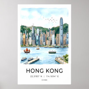 ウォーターカラーハーバーの香港スカイライン壁画 ポスター
