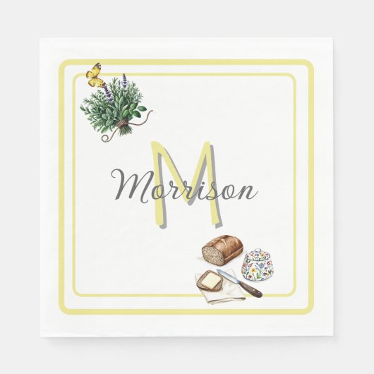 ウォーターカラーハーブ&ブレッドファームハウスカスタム金ゴールド スタンダードランチョンナプキン (正面)