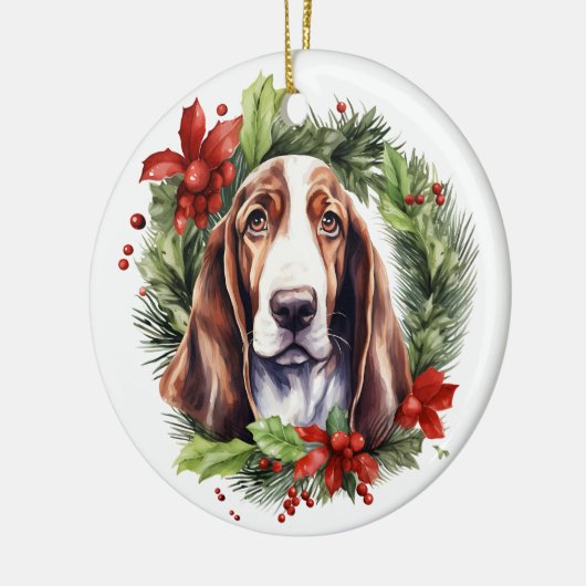 ウォーターカラーバセットハウンドリースクリスマス セラミックオーナメント (左)