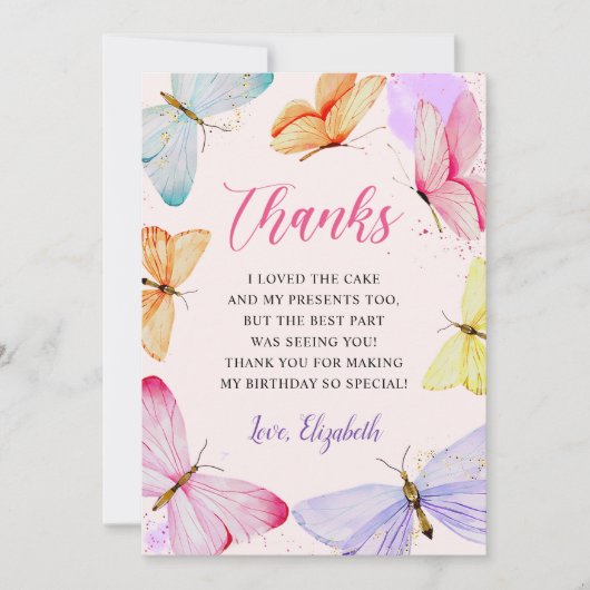 ウォーターカラーバタフライガール誕生日 サンキューカード (正面)