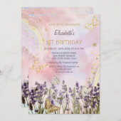 ウォーターカラーバタフライラバンダー誕生日 招待状 (正面/裏面)