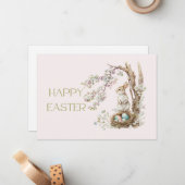 ウォーターカラーバニーアンダーマグノリアツリーハッピーイースター ノートカード (正面/裏面インサイチュ)