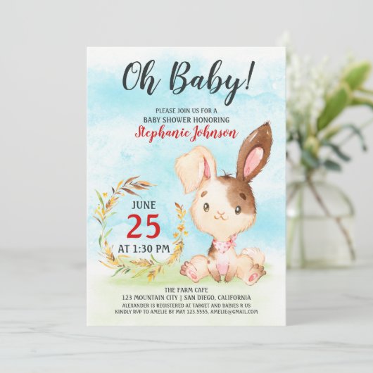 ウォーターカラーバニーベビーシャワーファーム招待状 招待状 (スタンド正面)