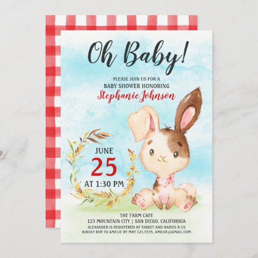 ウォーターカラーバニーベビーシャワーファーム招待状 招待状 (正面/裏面)