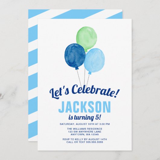 ウォーターカラーバルーンボーイ誕生日招待状 招待状 (正面/裏面)