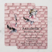 ウォーターカラーバレリーナ子猫の女の子の誕生日パーティー 招待状 (正面/裏面)