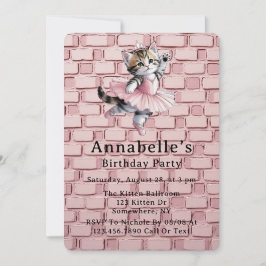 ウォーターカラーバレリーナ子猫の女の子の誕生日パーティー 招待状 (正面)