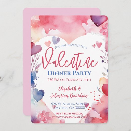 ウォーターカラーバレンタインデーナーパーティの招待状 招待状 (正面/裏面)