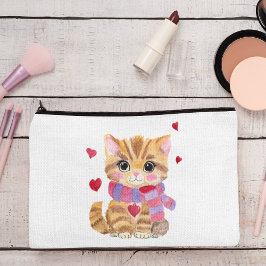 ウォーターカラーバレンタインデー子猫 アクセサリーポーチ
