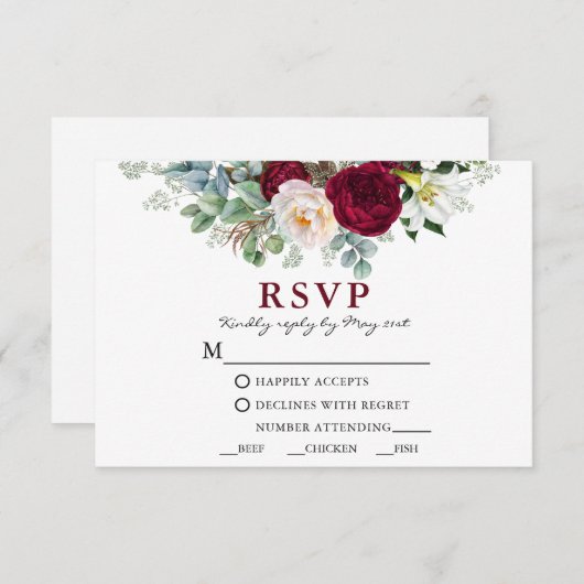 ウォーターカラーバーガンディフローラグリーンリーミールW 出欠カード (正面/裏面)