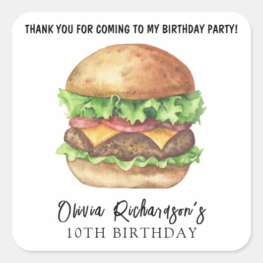 ウォーターカラーバーガーパーティー誕生日ありがとう スクエアシール (正面)