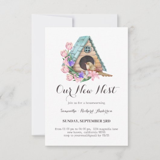 ウォーターカラーバードハウスウインターニューネスト引っ越し祝いパーティー 招待状 (正面)
