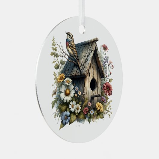 ウォーターカラーバードハウスクリパーソナライズされたスマス メタルオーナメント (正面右)