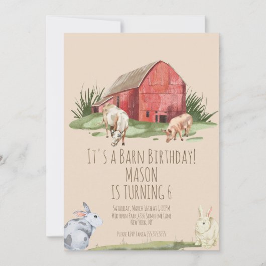 ウォーターカラーバーンアニマルズファームハウス誕生日 招待状 (正面)