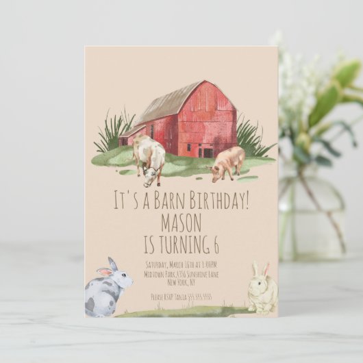 ウォーターカラーバーンアニマルズファームハウス誕生日 招待状 (スタンド正面)