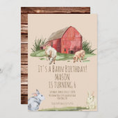 ウォーターカラーバーンアニマルズファームハウス誕生日 招待状 (正面/裏面)